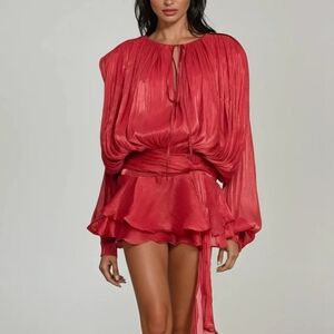 Sierra Darien Red Aminah Balloon Sleeve Ruch Ruffle Mini Dress Set S